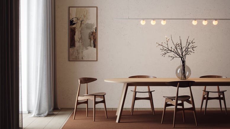 Round pendant lighting above dinner table