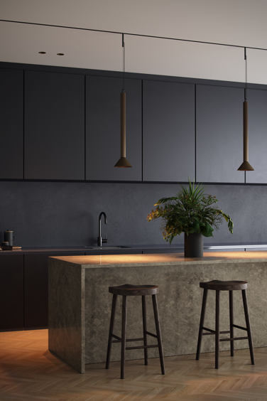 Bronze pendant lighting above kitchen counter top