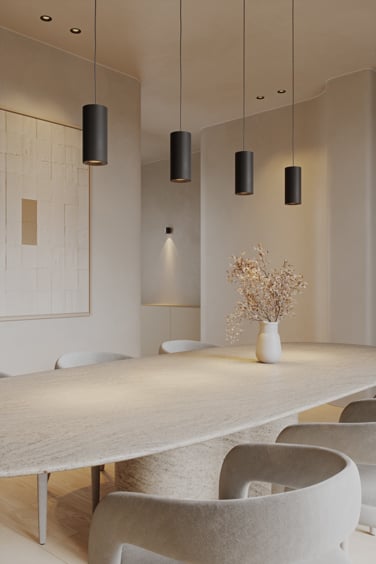 Pendant tube lighting above white dining table