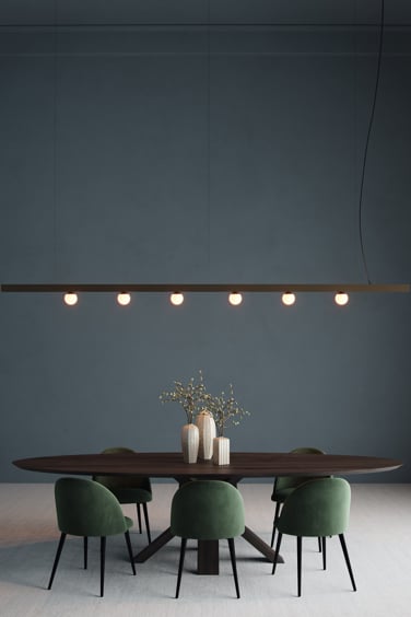 48V track lighting suspended on dark wood table in blue interior