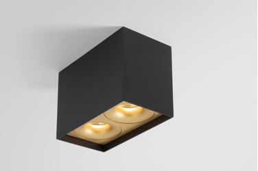 Black surface box light with a champagne accent around the led light