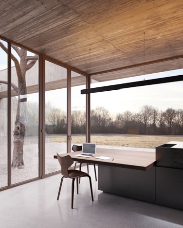 Linear suspended lighting above kitchen table