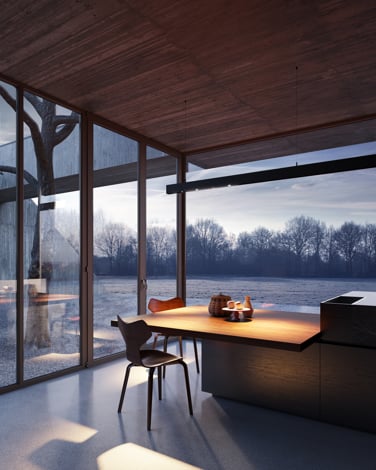 Linear suspended lighting above kitchen table