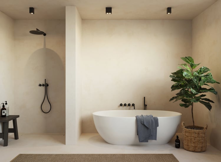 Black cube lights in a modern bathroom