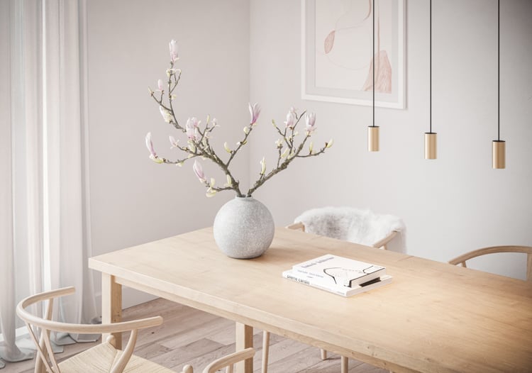 Pendant lighting above dining room