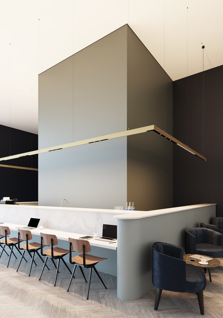 Linear suspended lighting with spot lights above desk