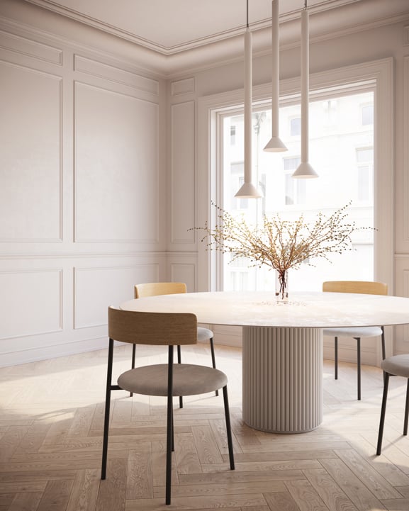 Linear lighting above dining table