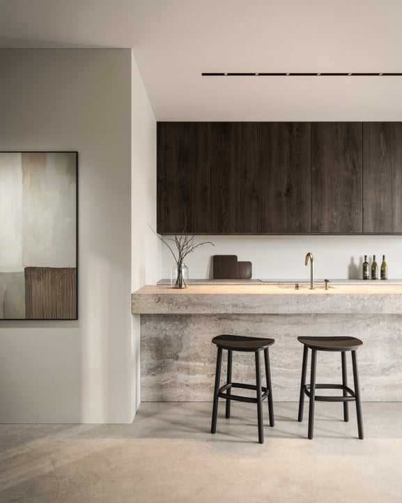 Black linear recessed lighting above kitchen counter top