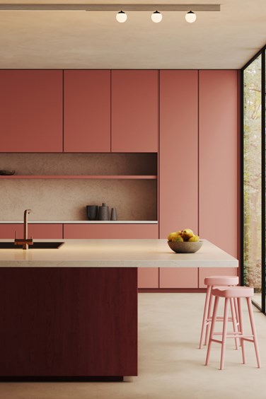 Track lighting in a pink kitchen